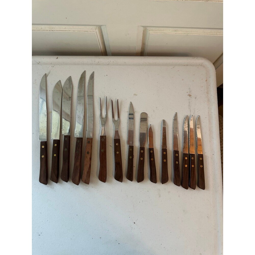 Vintage Mid Century 15 Serrated Stainless Steel Wooden Handles Japan Knives Set